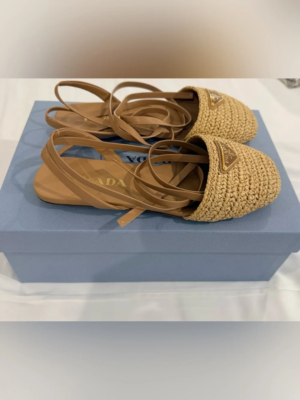 Prada Raffia Woven Wrap Up Sandals